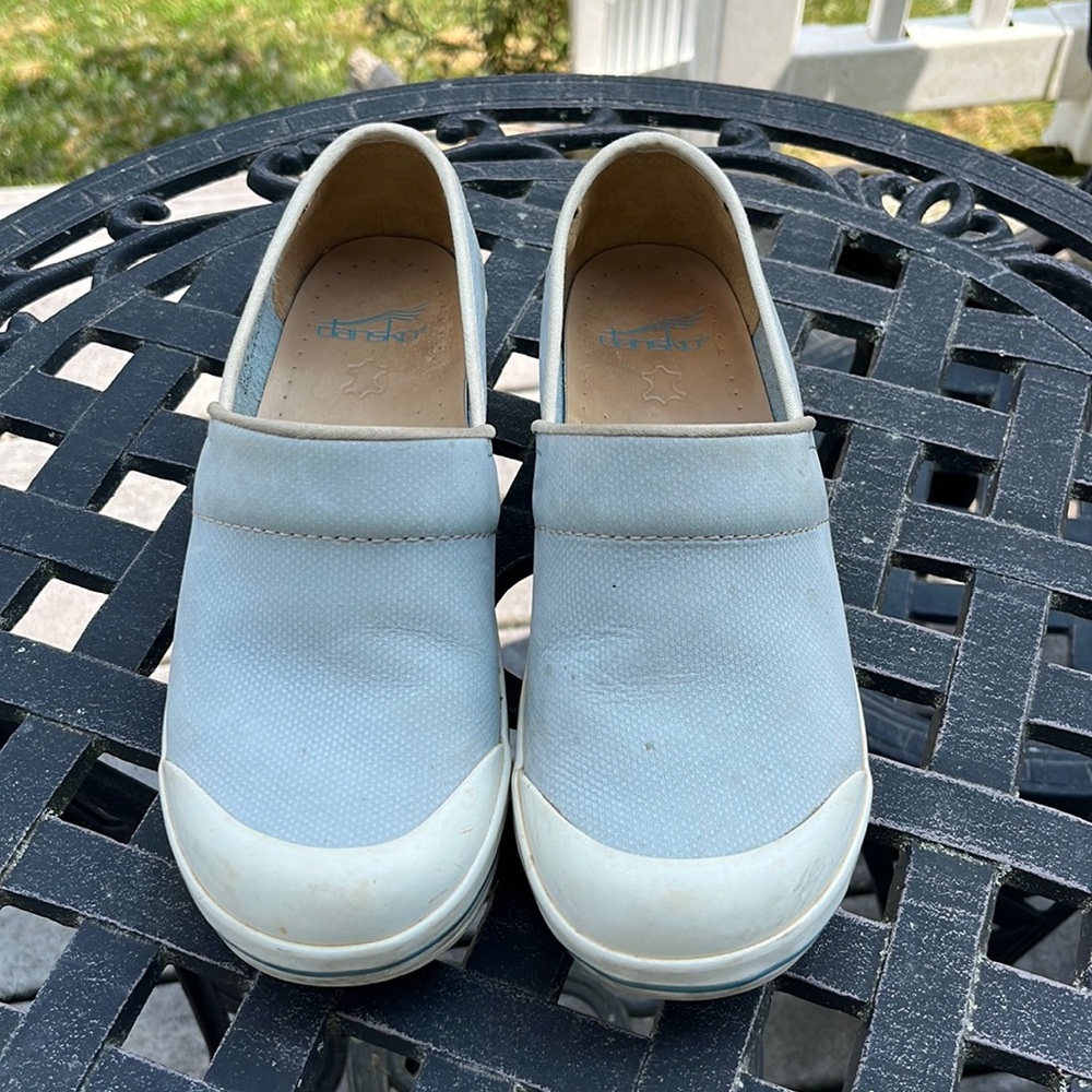 Dansko Pale Blue Slip-On Clogs with White Trim